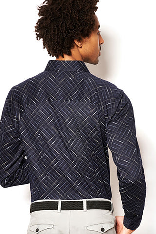 Long Sleeve Desoto Shirt-Navy Lines Print