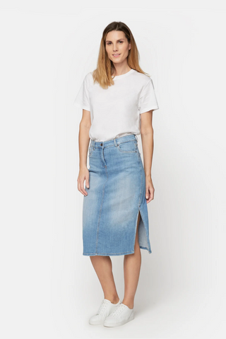 Mid-Length Stretch Demin Skirt In Light Blue