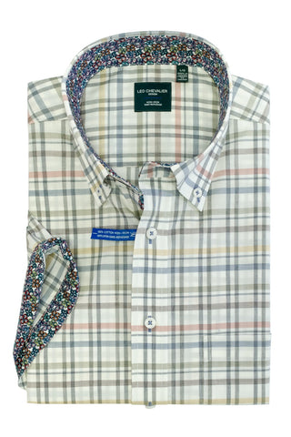 Short-Sleeved Casual Button-Down Shirt Pastel Checks on White