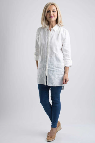 Long-Sleeved Linen Long Shirt with Eyelets in White